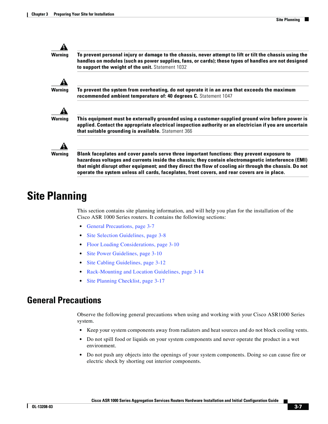 Cisco Systems ASR 1000 Series manual Site Planning, General Precautions 