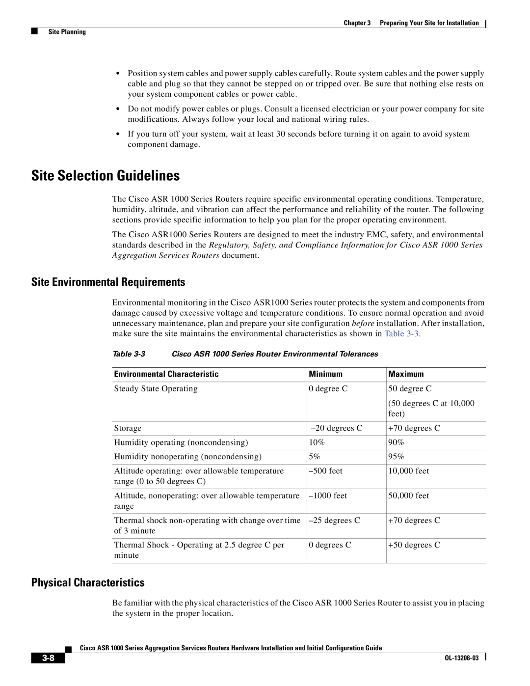 Cisco Systems ASR 1000 Series manual Site Selection Guidelines, Site Environmental Requirements, Physical Characteristics 