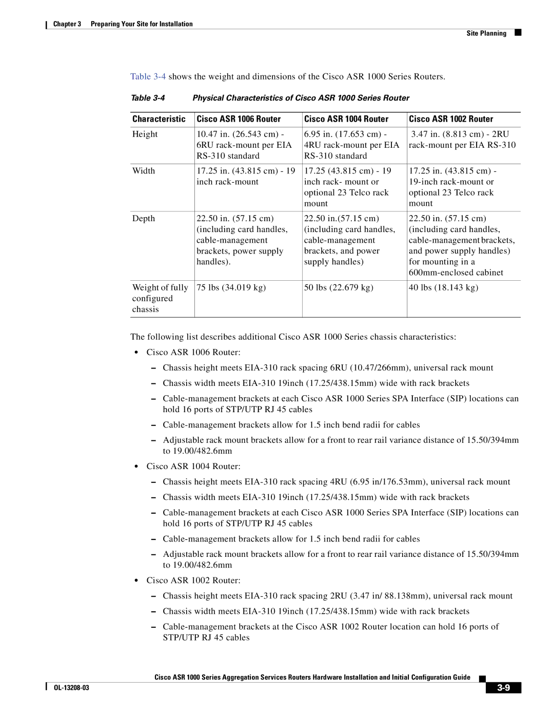 Cisco Systems manual Physical Characteristics of Cisco ASR 1000 Series Router 