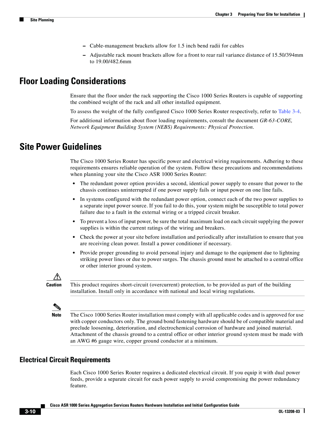 Cisco Systems ASR 1000 Series manual Floor Loading Considerations, Site Power Guidelines, Electrical Circuit Requirements 