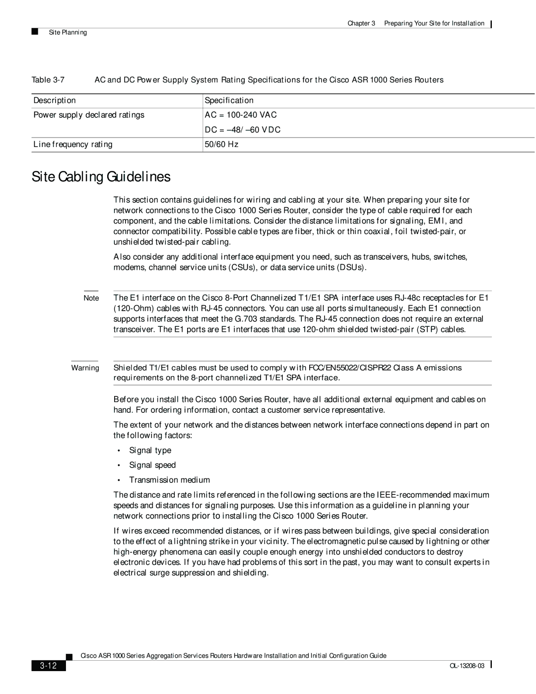 Cisco Systems ASR 1000 Series manual Site Cabling Guidelines, Description Specification 