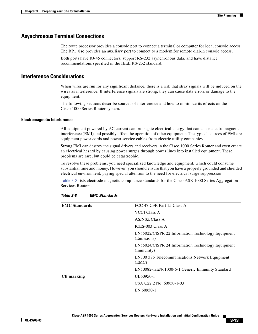 Cisco Systems ASR 1000 Series manual Asynchronous Terminal Connections, Interference Considerations, Emc 