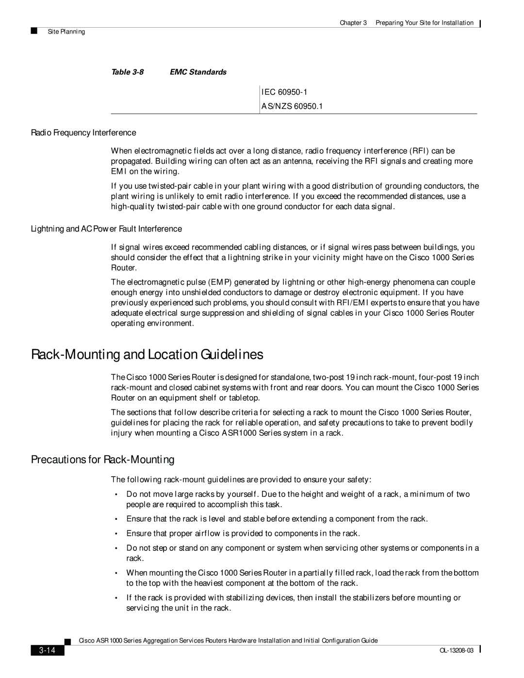 Cisco Systems ASR 1000 Series manual Rack-Mounting and Location Guidelines, Precautions for Rack-Mounting, Iec As/Nzs 