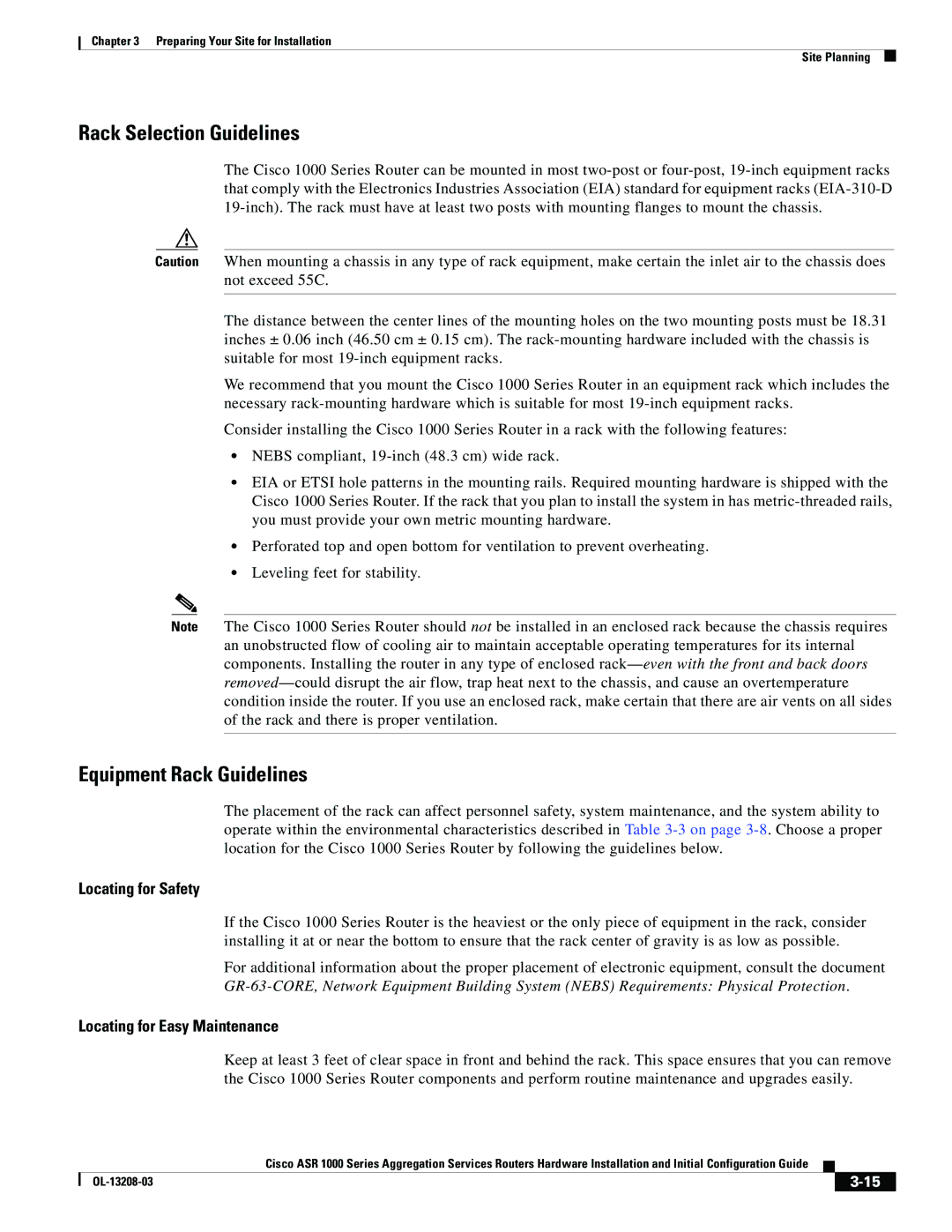 Cisco Systems ASR 1000 Series manual Rack Selection Guidelines, Equipment Rack Guidelines 