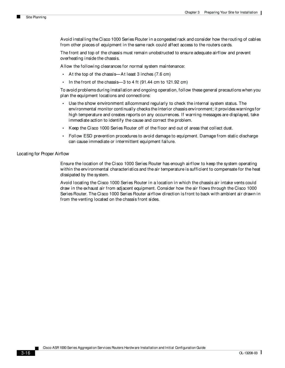 Cisco Systems ASR 1000 Series manual Locating for Proper Airflow 