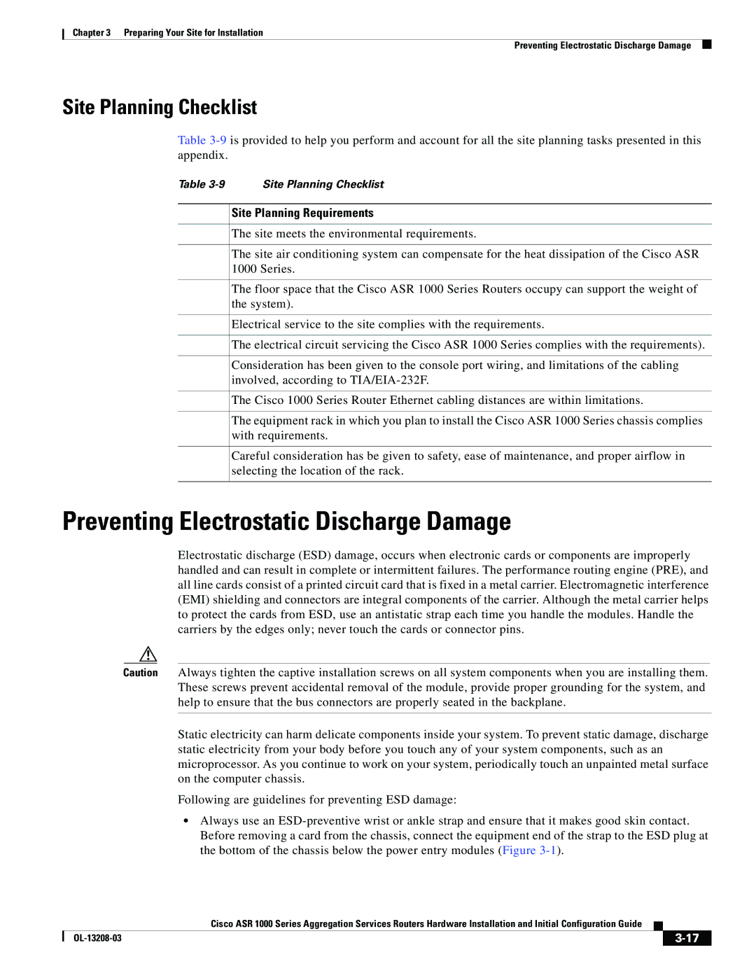 Cisco Systems ASR 1000 Series manual Preventing Electrostatic Discharge Damage, Site Planning Checklist 