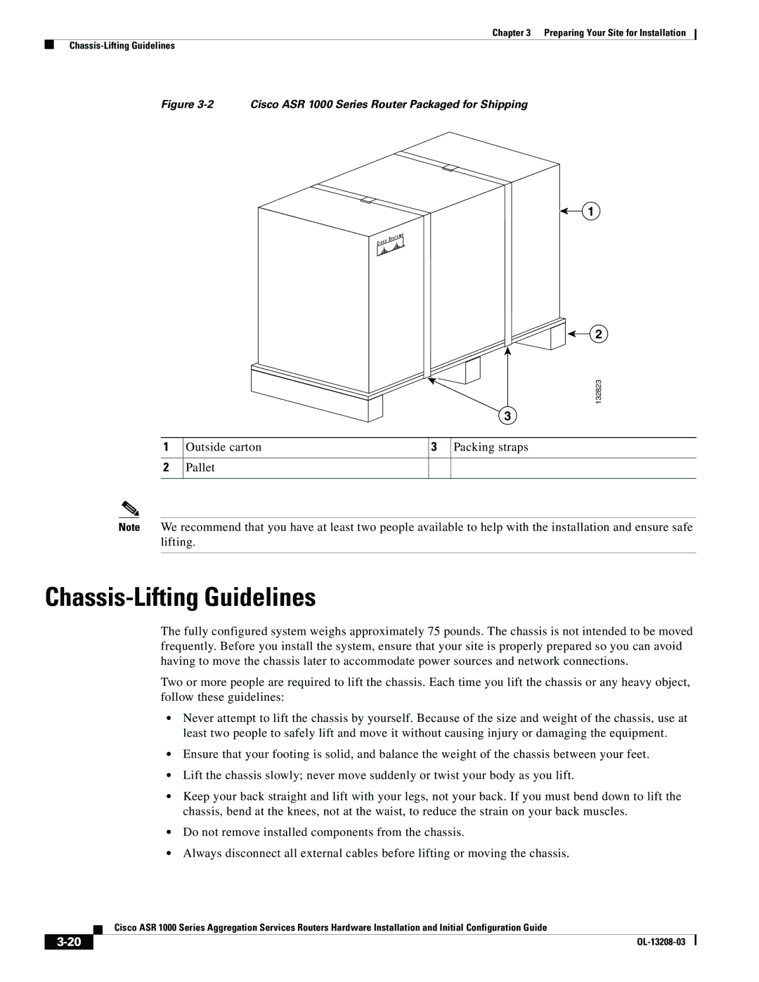 Cisco Systems ASR 1000 Series manual Chassis-Lifting Guidelines, Outside carton Packing straps Pallet 