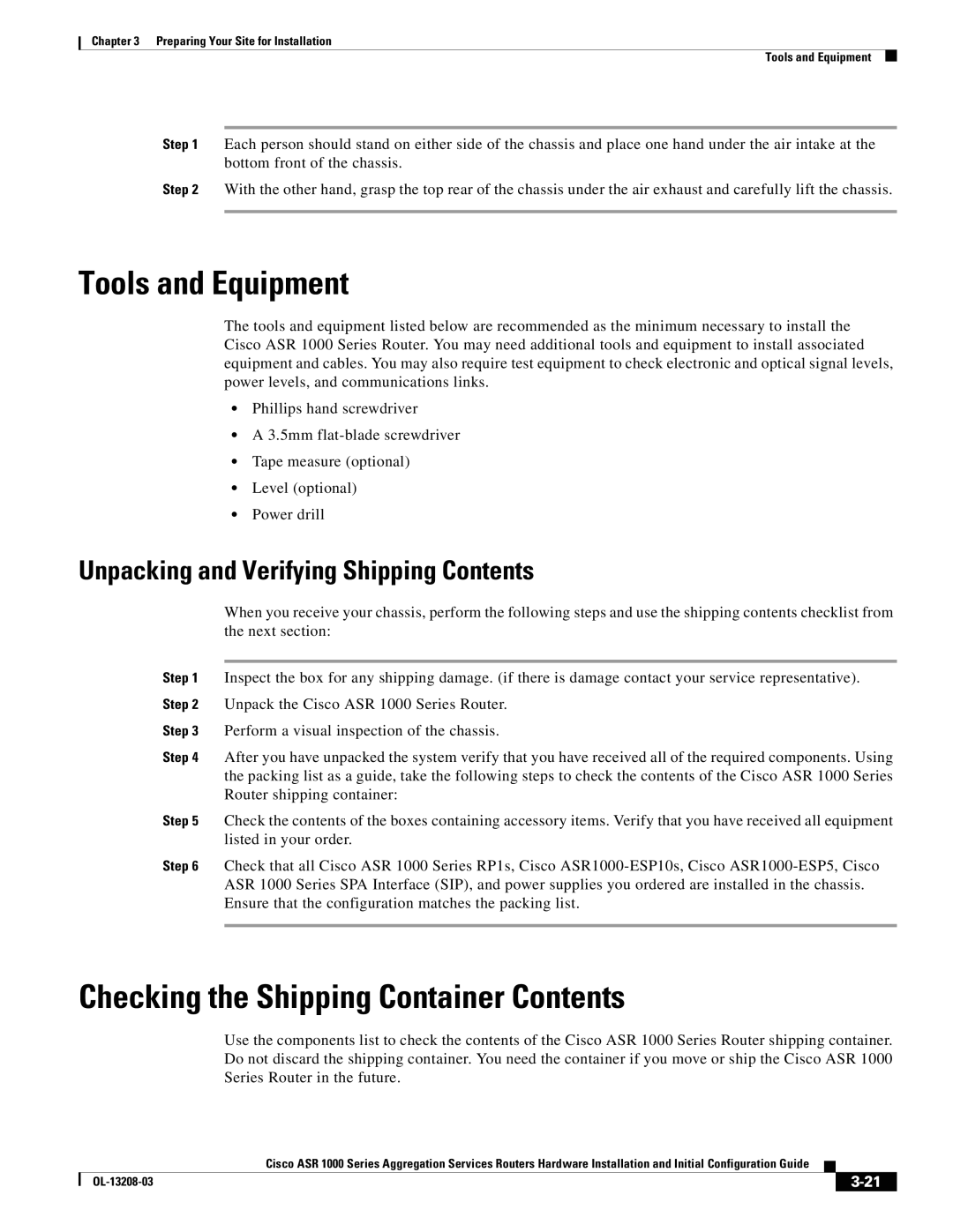 Cisco Systems ASR 1000 Series manual Tools and Equipment, Checking the Shipping Container Contents 