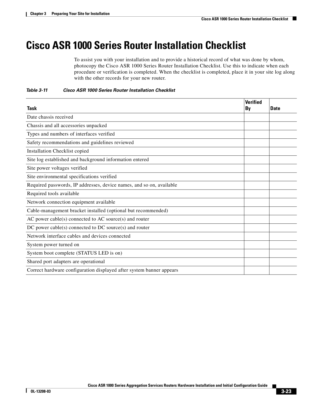 Cisco Systems manual Cisco ASR 1000 Series Router Installation Checklist, Verified Task Date 