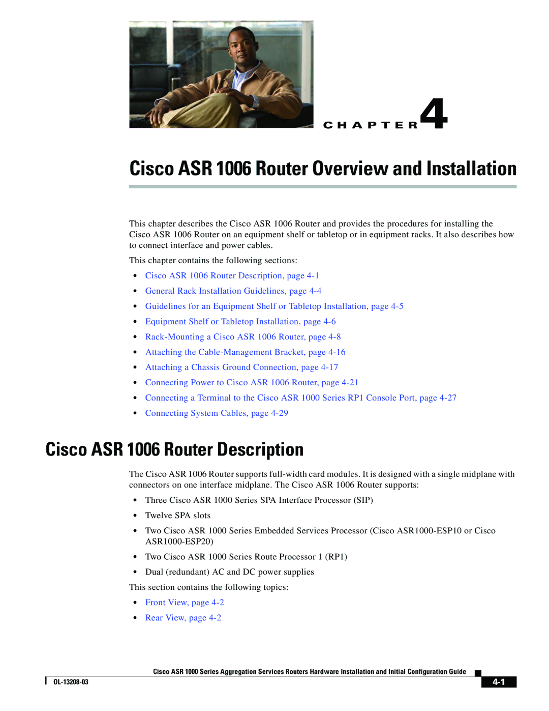 Cisco Systems ASR 1000 Series manual Cisco ASR 1006 Router Overview and Installation, Cisco ASR 1006 Router Description 