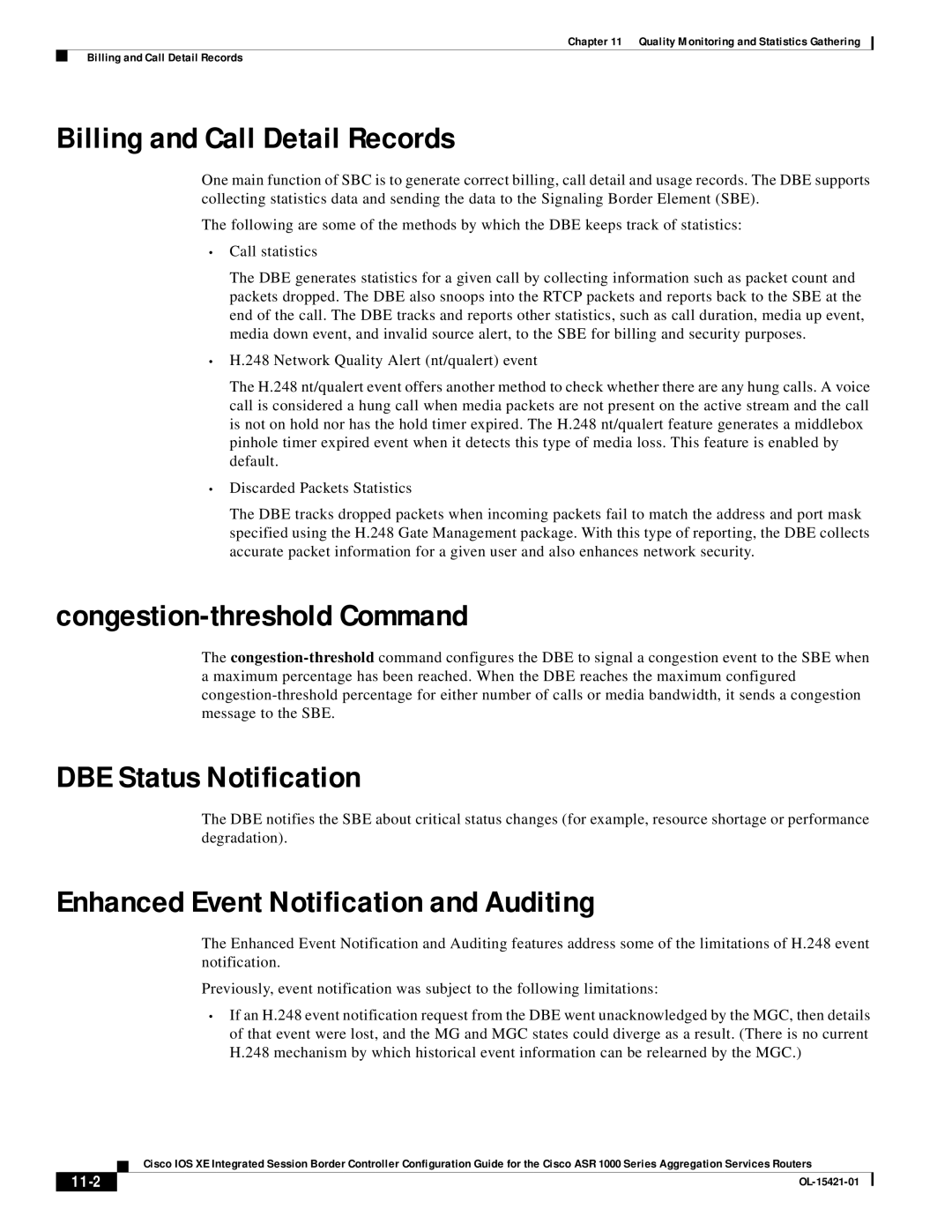 Cisco Systems ASR 1000 manual Billing and Call Detail Records, Congestion-threshold Command, DBE Status Notification, 11-2 