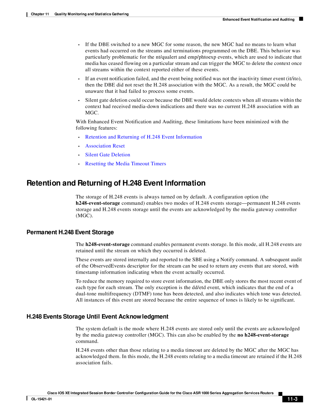 Cisco Systems ASR 1000 manual Retention and Returning of H.248 Event Information, 11-3 