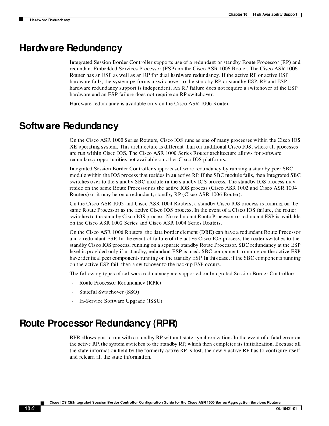 Cisco Systems ASR 1000 manual Hardware Redundancy, Software Redundancy, Route Processor Redundancy RPR, 10-2 