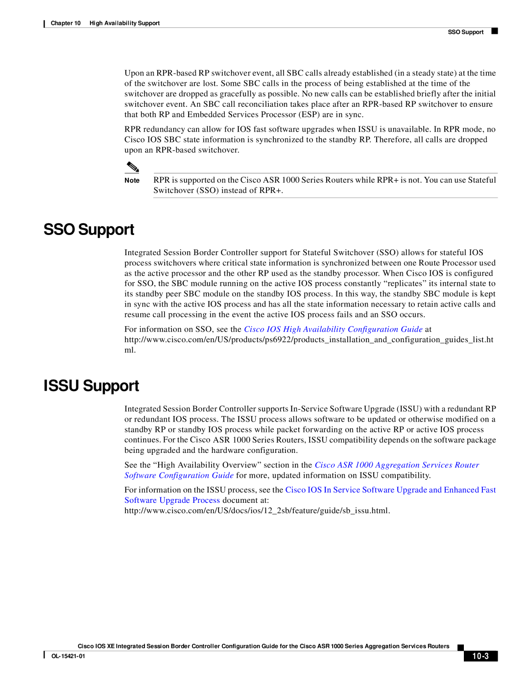 Cisco Systems ASR 1000 manual SSO Support, Issu Support, 10-3 