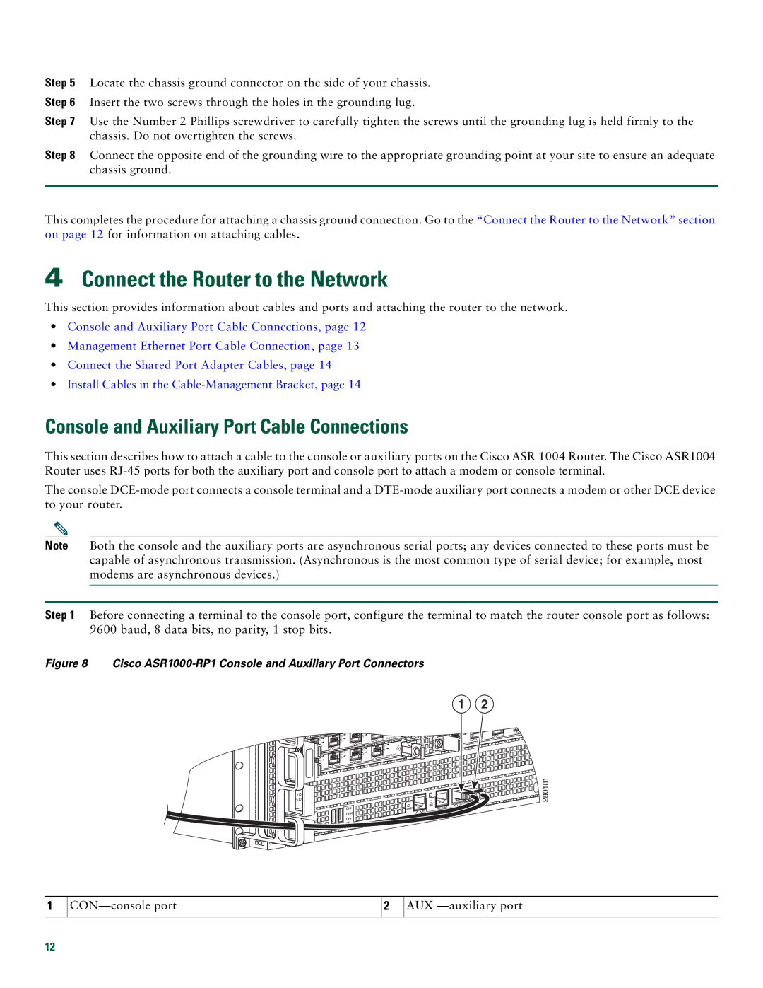 Cisco Systems ASR 1004 quick start Connect the Router to the Network, Console and Auxiliary Port Cable Connections 