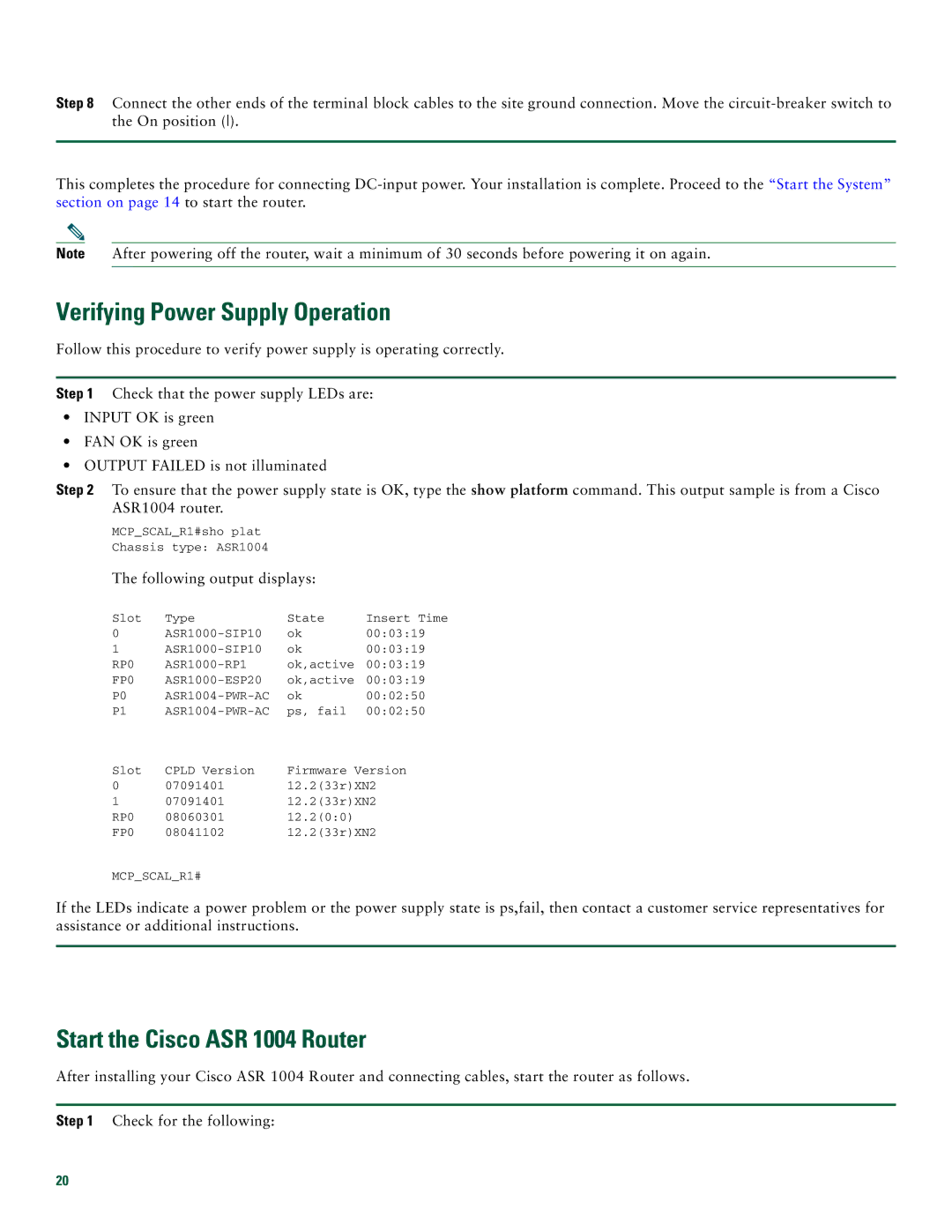 Cisco Systems quick start Verifying Power Supply Operation, Start the Cisco ASR 1004 Router 