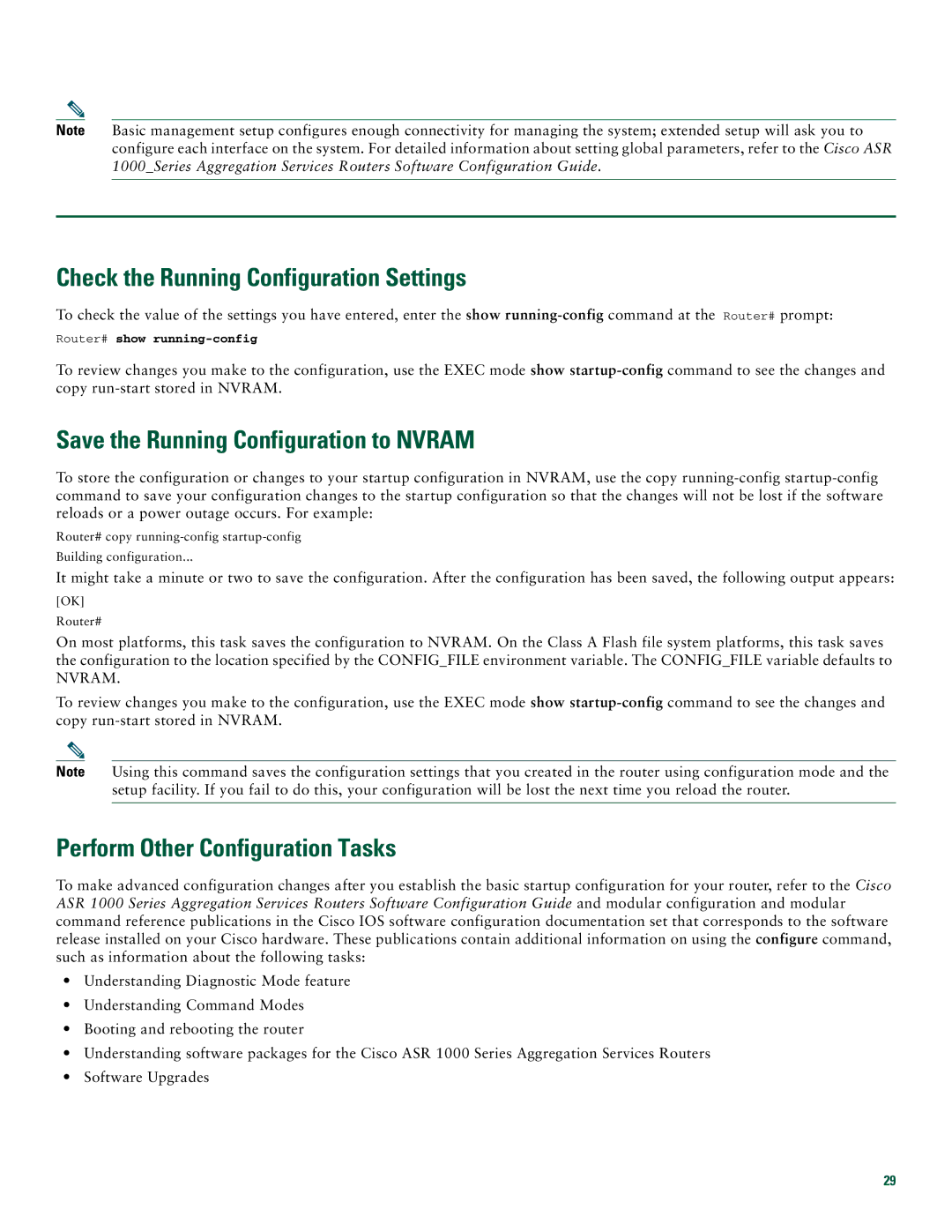 Cisco Systems ASR 1004 quick start Check the Running Configuration Settings, Save the Running Configuration to Nvram 