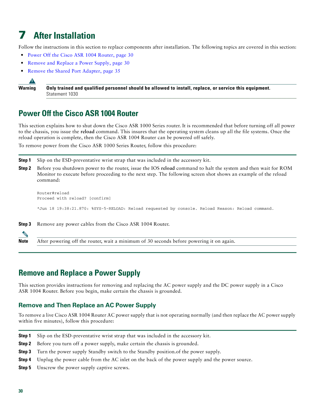 Cisco Systems quick start After Installation, Power Off the Cisco ASR 1004 Router, Remove and Replace a Power Supply 