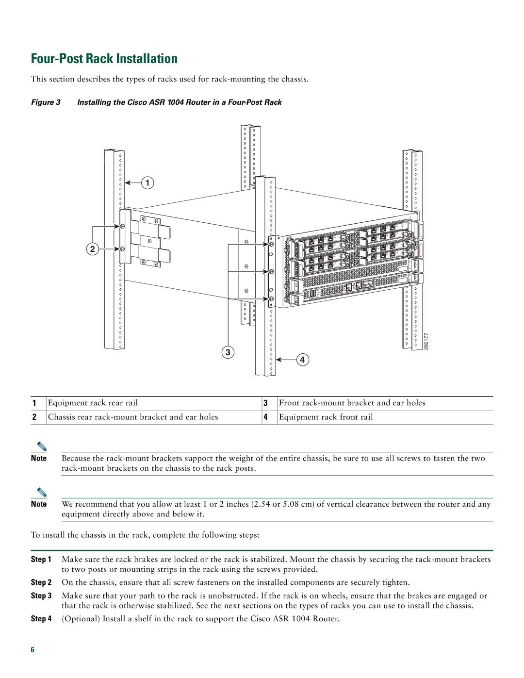 Cisco Systems quick start Four-Post Rack Installation, Installing the Cisco ASR 1004 Router in a Four-Post Rack 