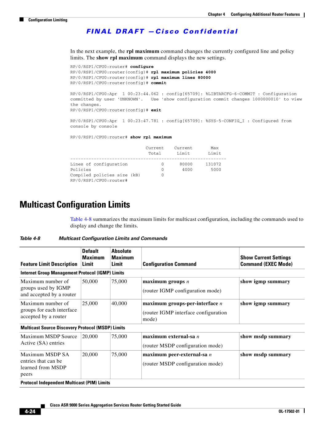 Cisco Systems A9K24X10GETR, ASR 9000 manual Multicast Configuration Limits, Default Absolute Maximum Show Current Settings 