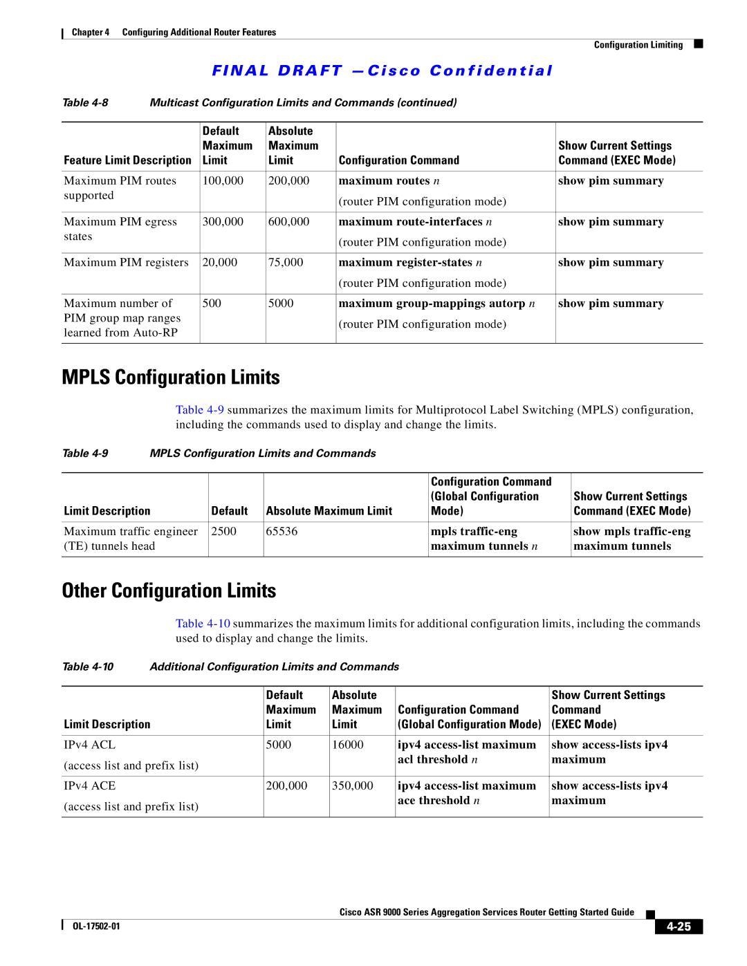 Cisco Systems A9KMOD80TR, ASR 9000, A9K24X10GETR manual Mpls Configuration Limits, Other Configuration Limits 