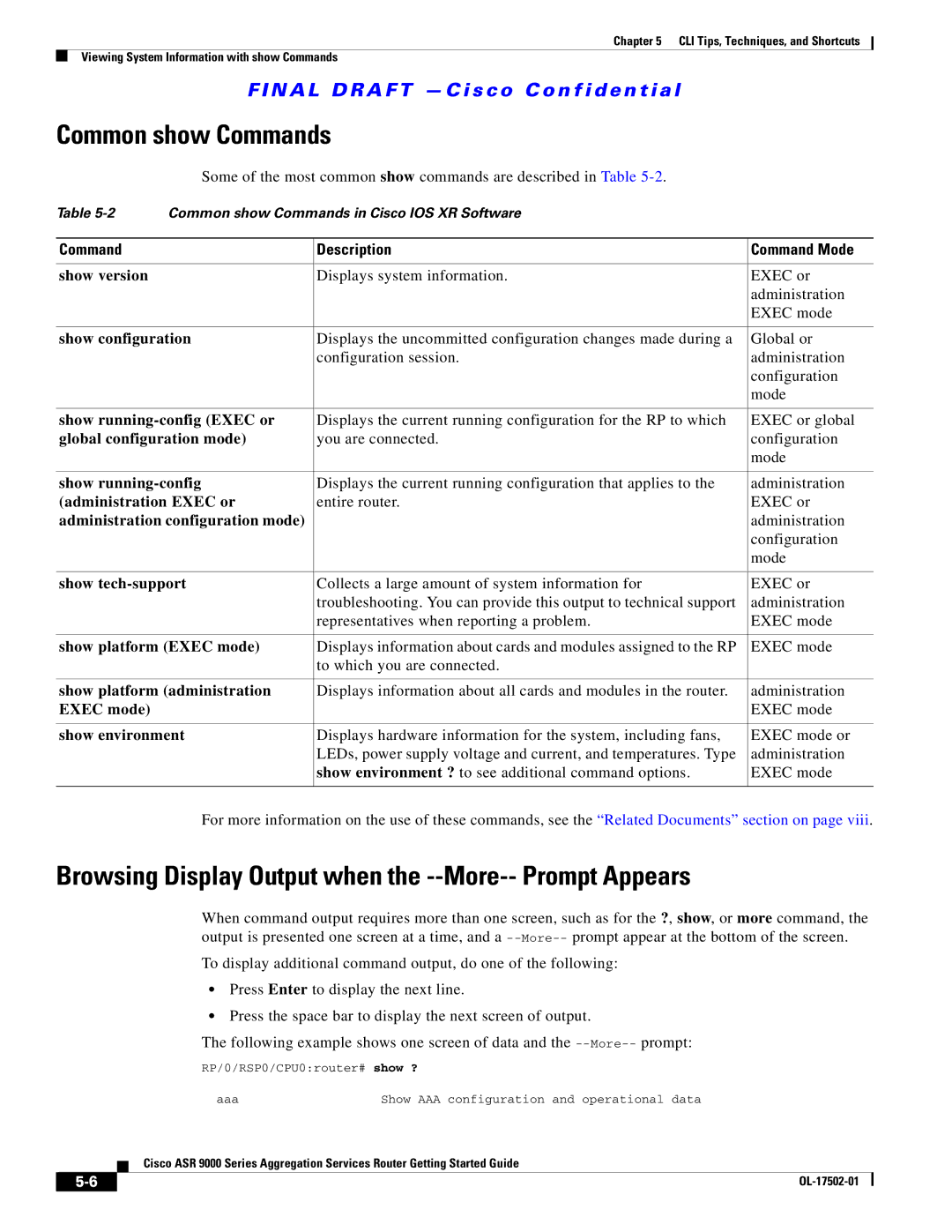 Cisco Systems ASR 9000, A9K24X10GETR manual Common show Commands, Browsing Display Output when the --More-- Prompt Appears 