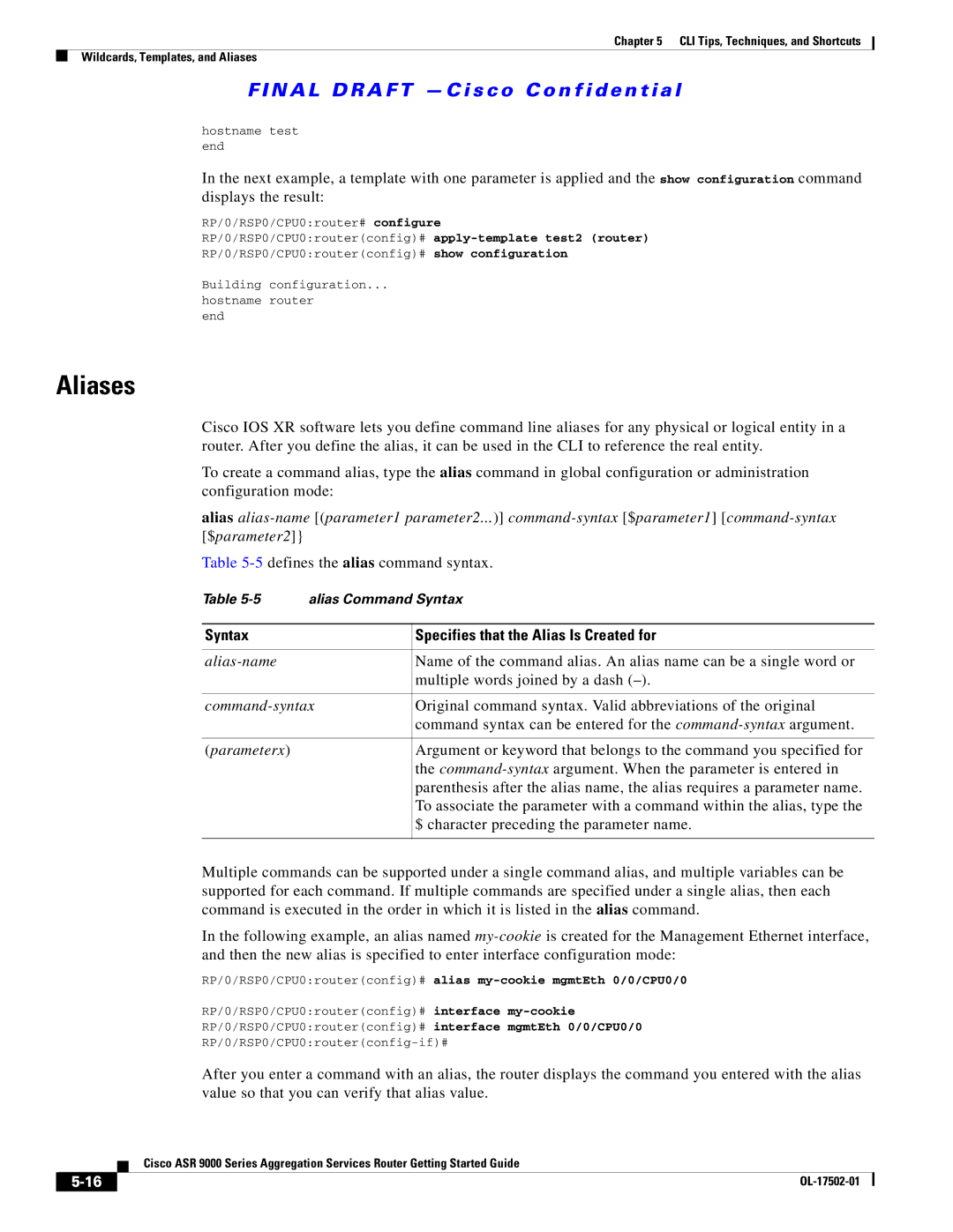 Cisco Systems A9K24X10GETR, ASR 9000, A9KMOD80TR manual Aliases, 5defines the alias command syntax 