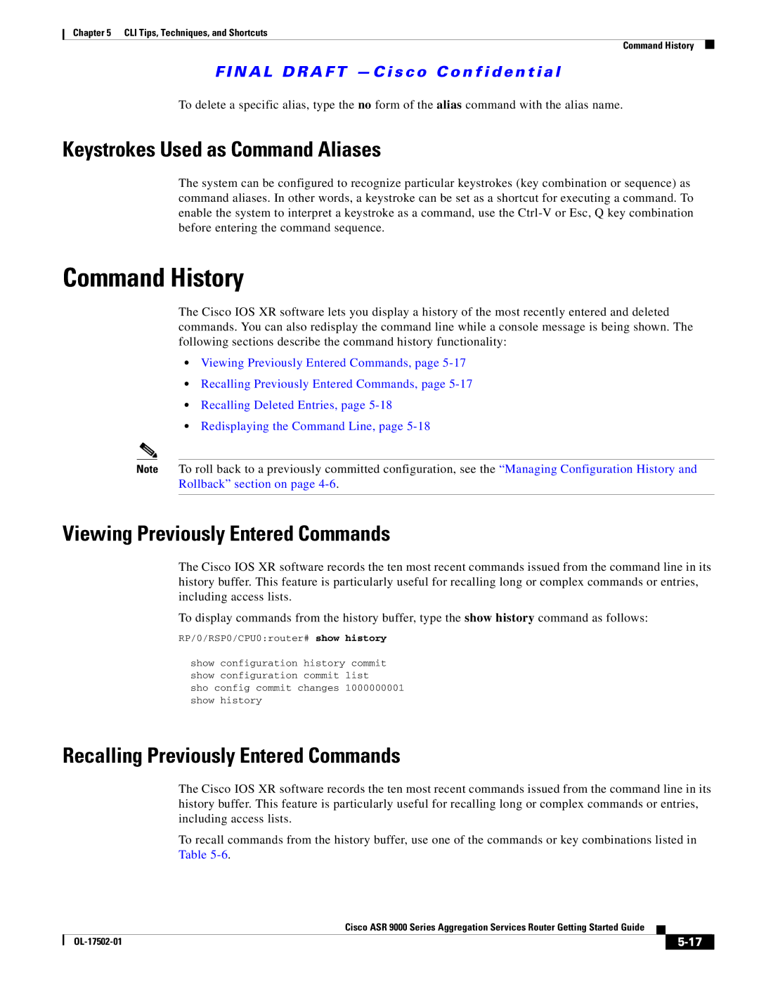 Cisco Systems A9KMOD80TR manual Command History, Keystrokes Used as Command Aliases, Viewing Previously Entered Commands 