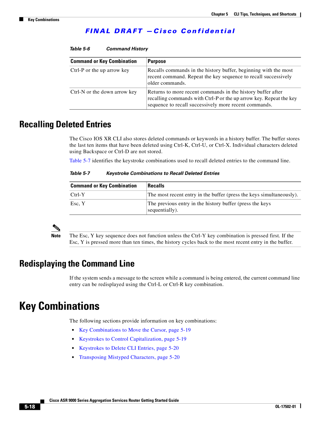 Cisco Systems ASR 9000, A9K24X10GETR Key Combinations, Recalling Deleted Entries, Redisplaying the Command Line, Recalls 