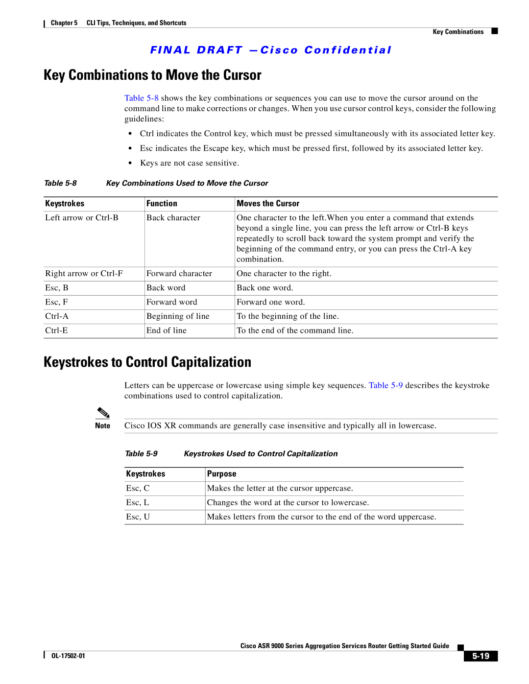Cisco Systems A9K24X10GETR Key Combinations to Move the Cursor, Keystrokes to Control Capitalization, Keystrokes Purpose 