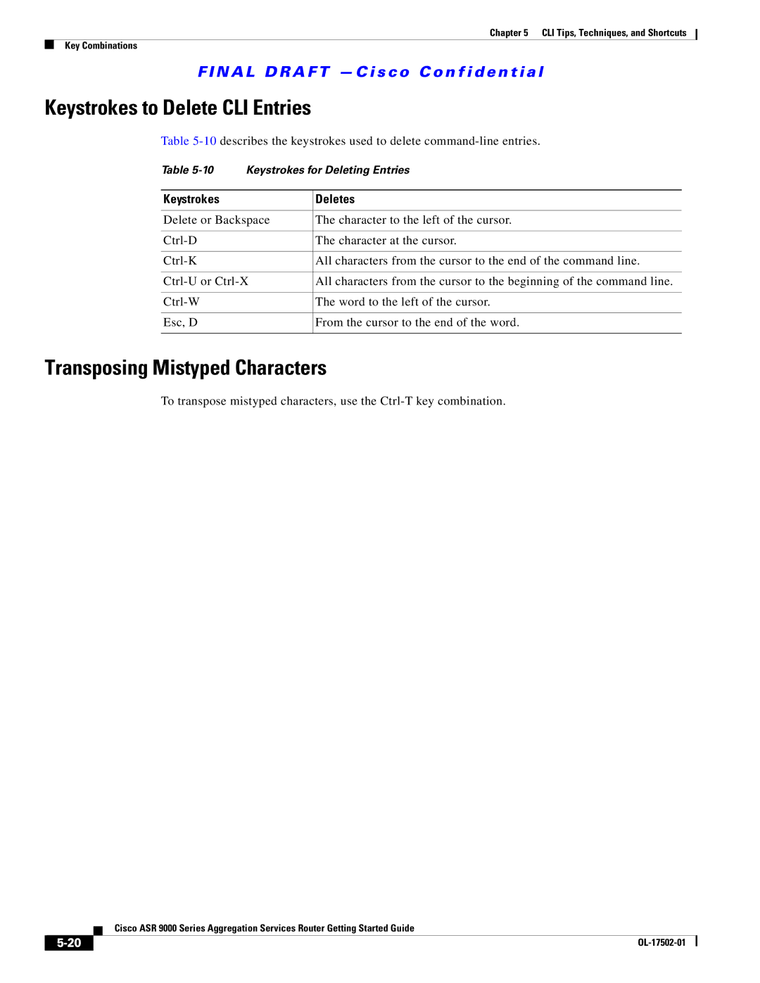 Cisco Systems A9KMOD80TR, ASR 9000 Keystrokes to Delete CLI Entries, Transposing Mistyped Characters, Keystrokes Deletes 