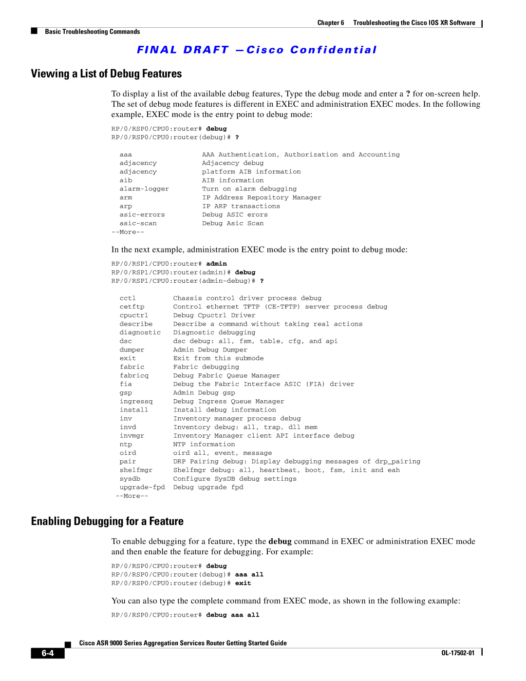 Cisco Systems ASR 9000, A9K24X10GETR, A9KMOD80TR manual Viewing a List of Debug Features, Enabling Debugging for a Feature 