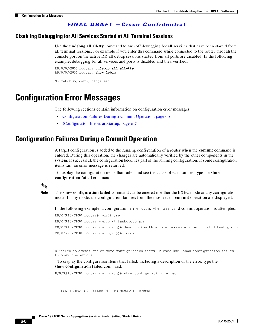 Cisco Systems A9KMOD80TR, ASR 9000 manual Configuration Error Messages, Configuration Failures During a Commit Operation 