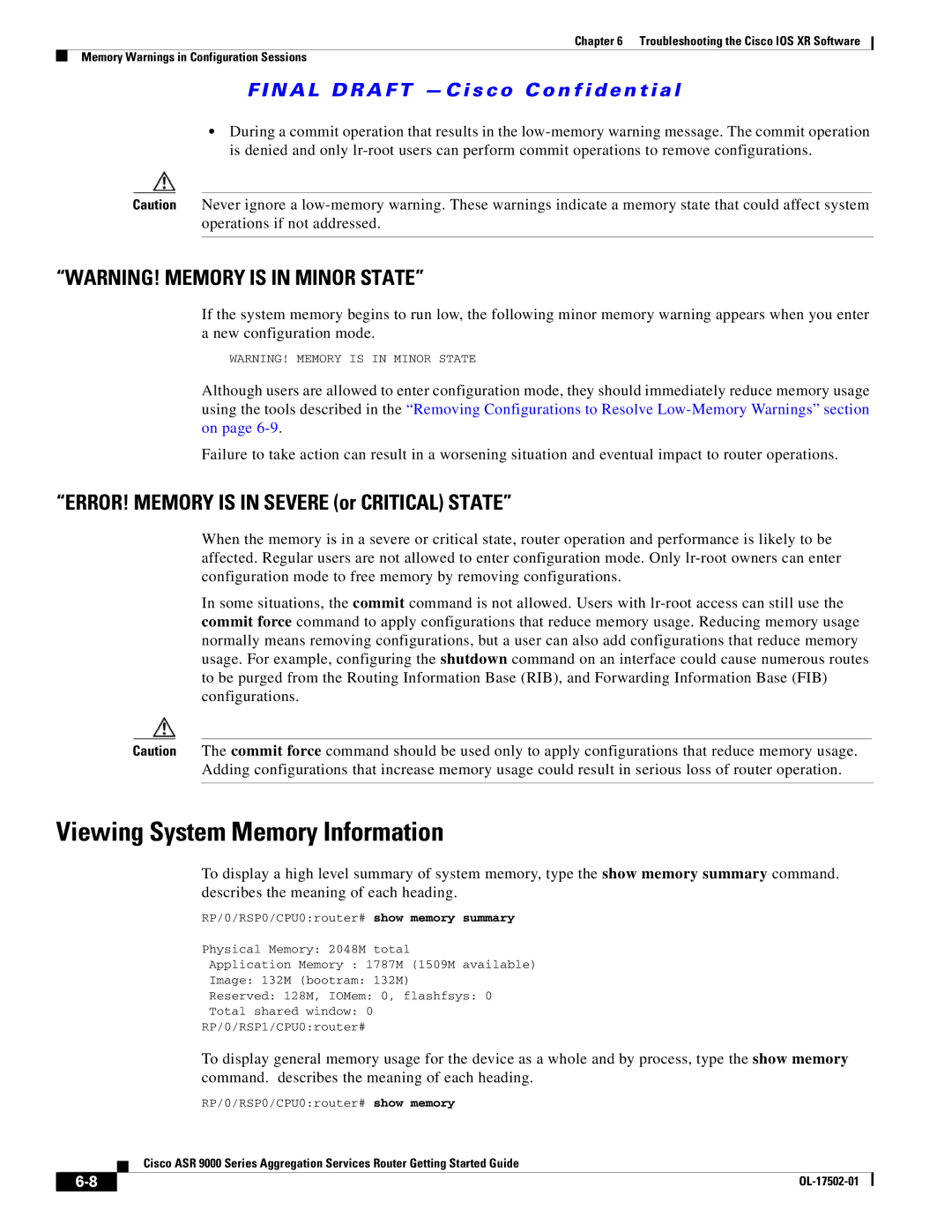 Cisco Systems A9K24X10GETR, ASR 9000 manual Viewing System Memory Information, ERROR! Memory is in Severe or Critical State 