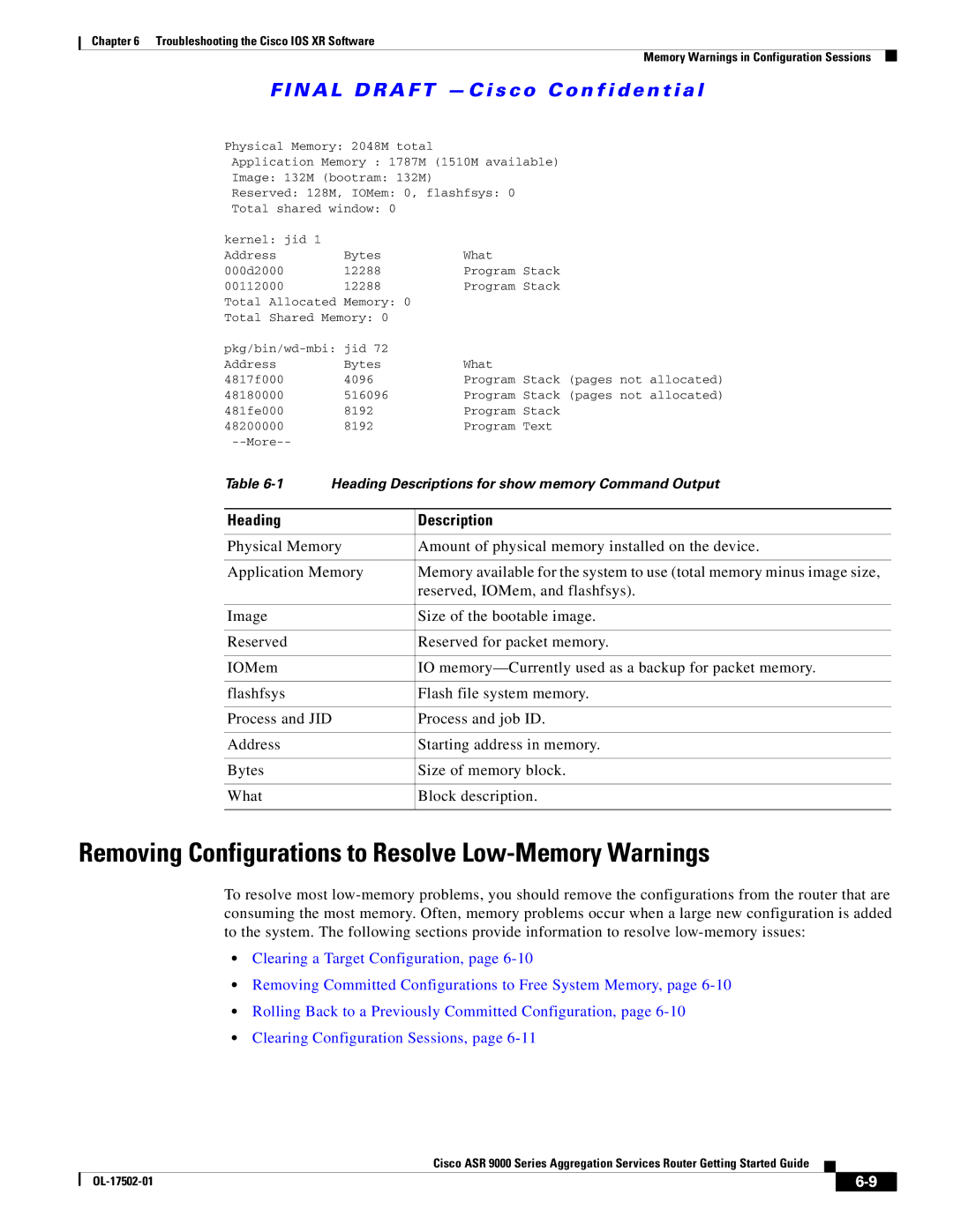 Cisco Systems A9KMOD80TR, ASR 9000 manual Removing Configurations to Resolve Low-Memory Warnings, Heading Description 