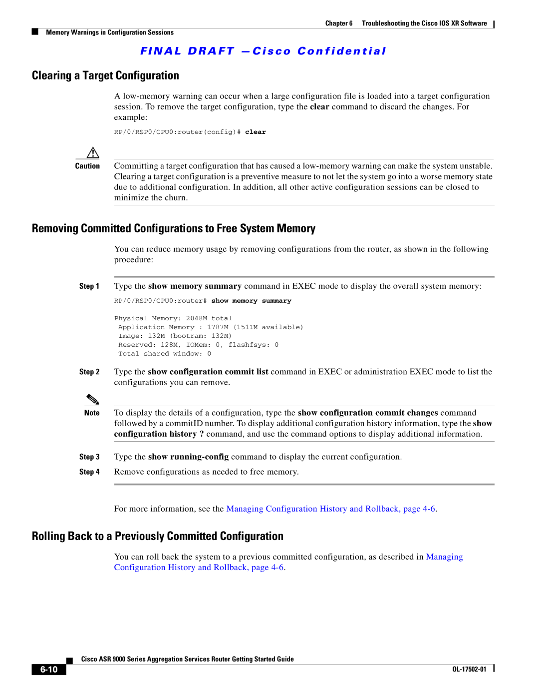 Cisco Systems ASR 9000 manual Clearing a Target Configuration, Removing Committed Configurations to Free System Memory 