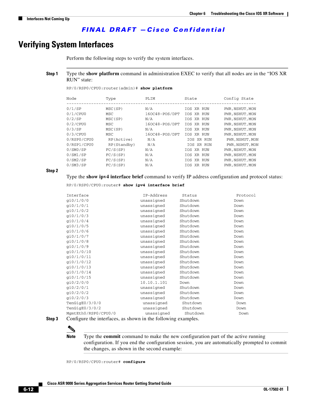 Cisco Systems A9KMOD80TR, ASR 9000 manual Verifying System Interfaces, RP/0/RSP0/CPU0router# show ipv4 interface brief 