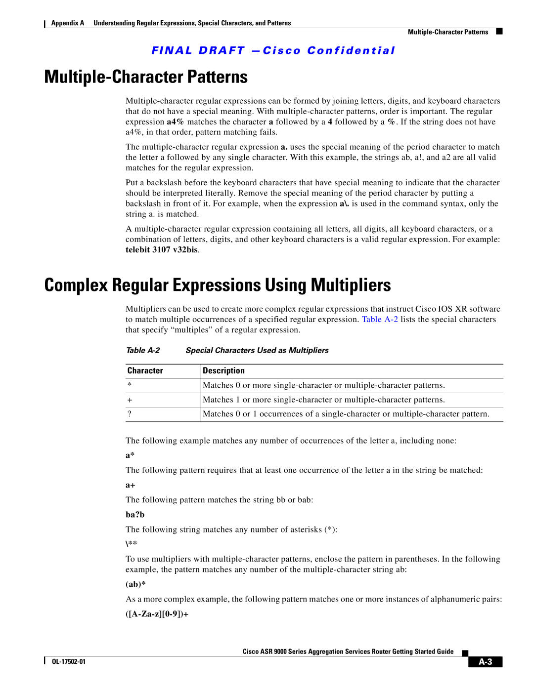 Cisco Systems A9K24X10GETR Multiple-Character Patterns, Complex Regular Expressions Using Multipliers, Ba?b, Za-z0-9+ 