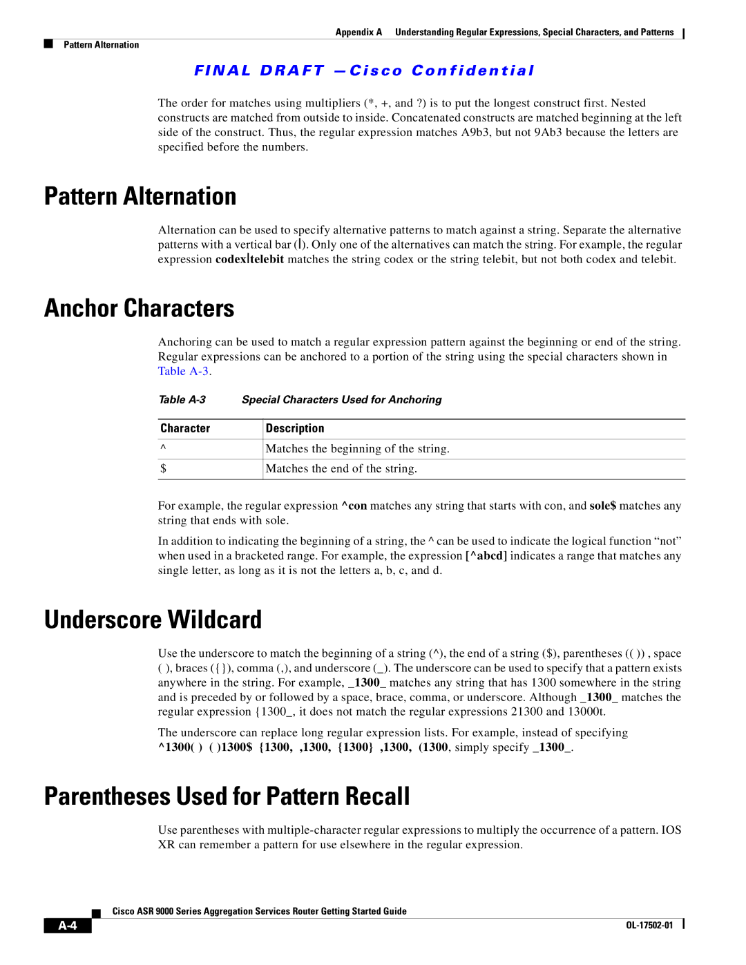 Cisco Systems A9KMOD80TR Pattern Alternation, Anchor Characters, Underscore Wildcard, Parentheses Used for Pattern Recall 