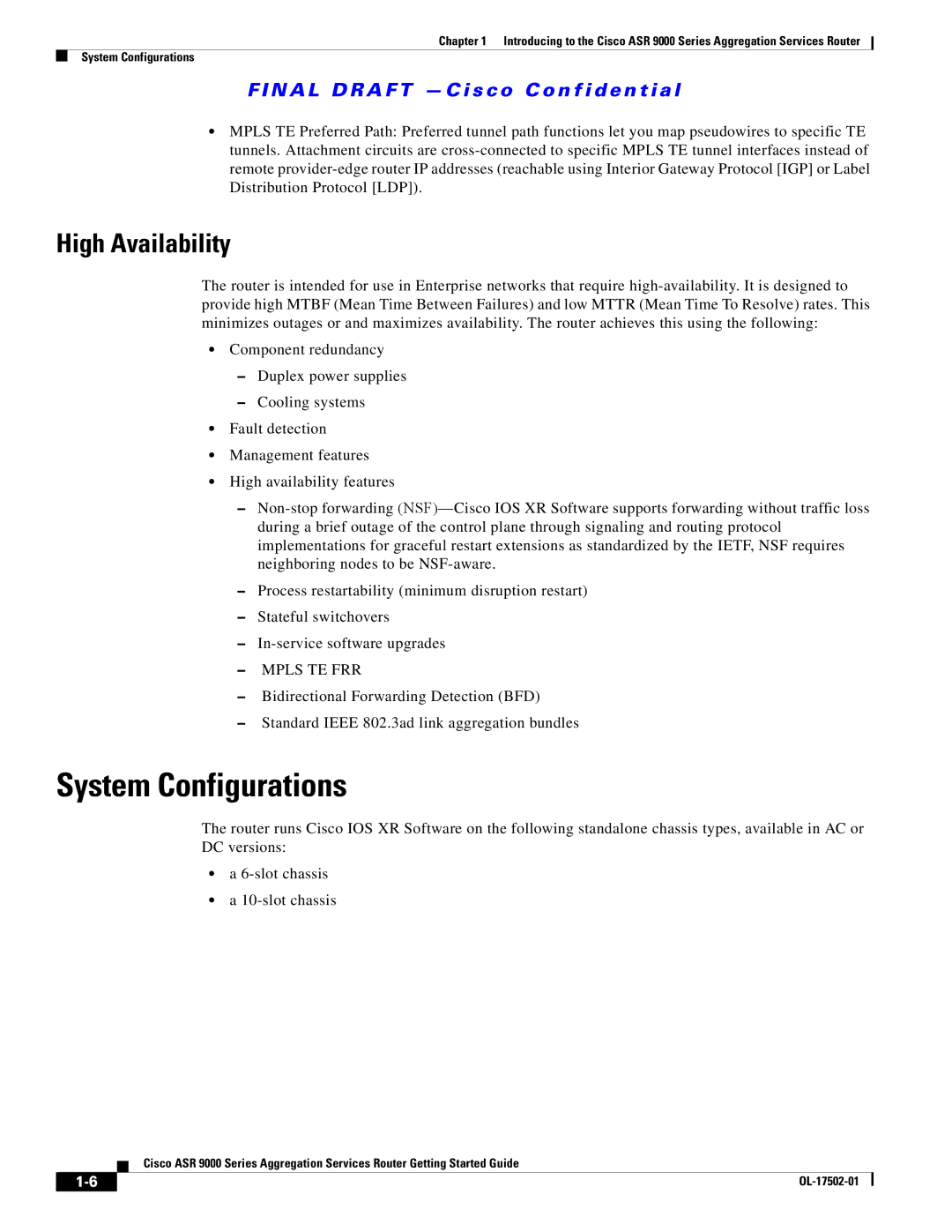 Cisco Systems A9KMOD80TR, ASR 9000, A9K24X10GETR manual System Configurations, High Availability 