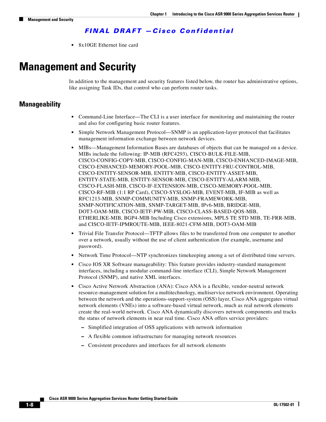 Cisco Systems A9K24X10GETR, ASR 9000, A9KMOD80TR manual Management and Security, Manageability, 8x10GE Ethernet line card 