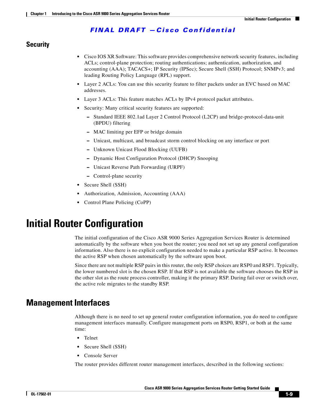 Cisco Systems A9KMOD80TR, ASR 9000, A9K24X10GETR manual Initial Router Configuration, Management Interfaces, Security 