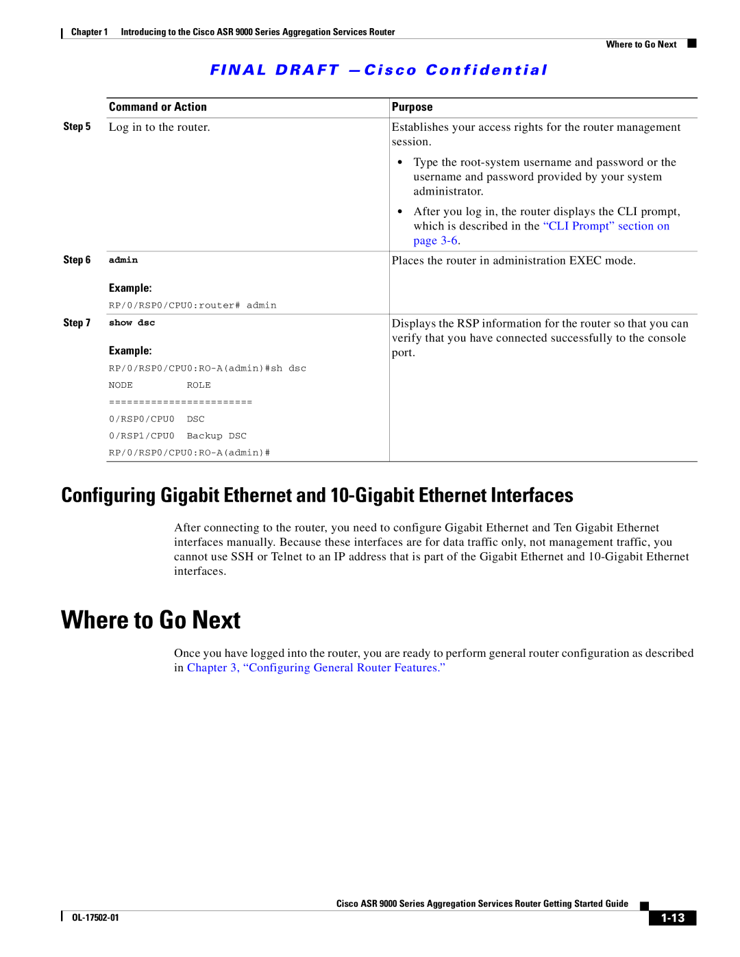 Cisco Systems ASR 9000, A9K24X10GETR, A9KMOD80TR manual Where to Go Next, Command or Action Purpose, Example 