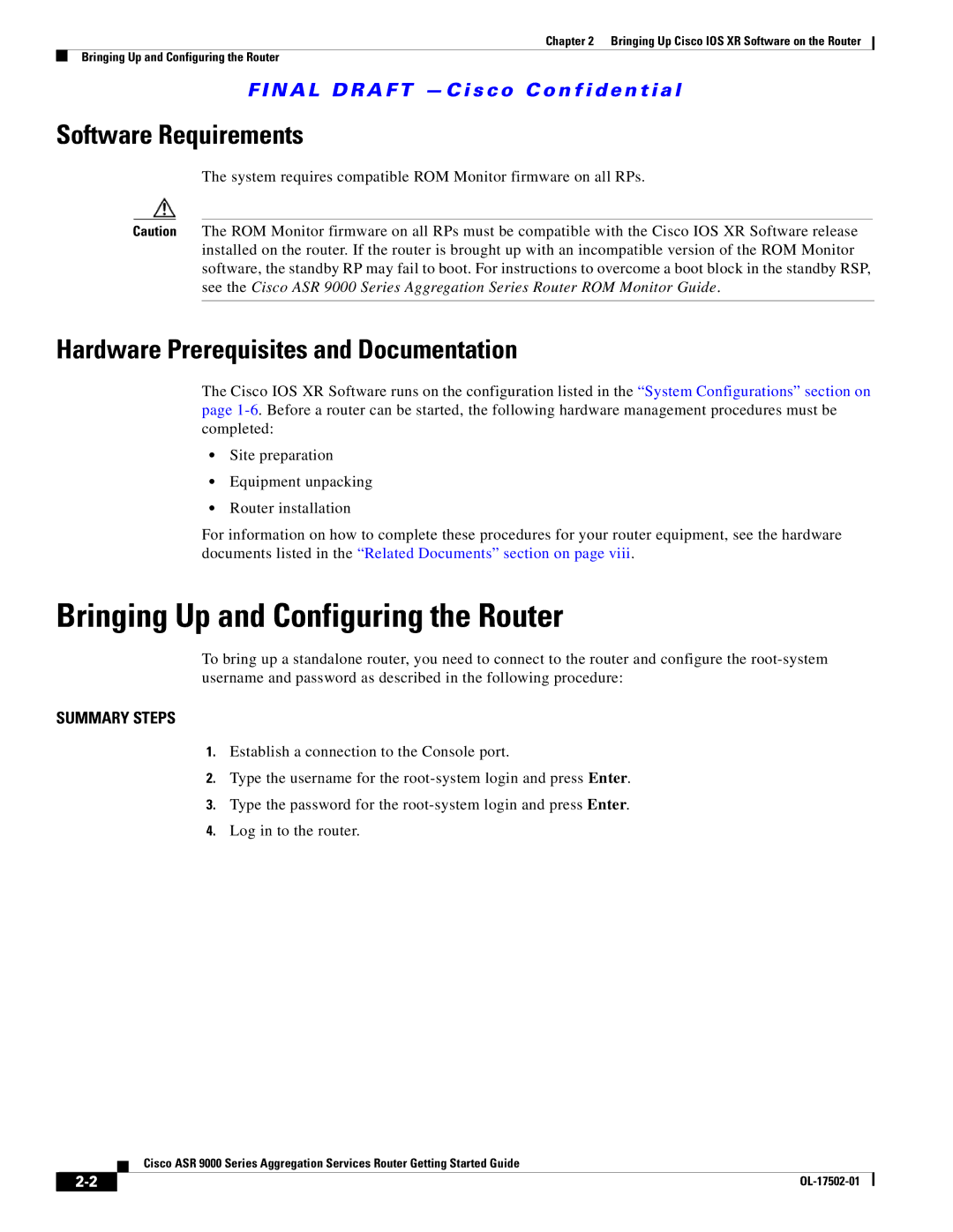 Cisco Systems ASR 9000, A9K24X10GETR, A9KMOD80TR manual Bringing Up and Configuring the Router, Software Requirements 