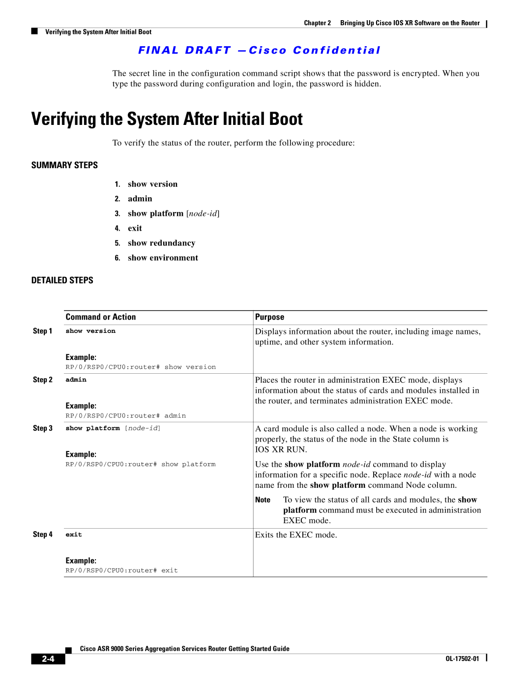 Cisco Systems A9KMOD80TR, ASR 9000, A9K24X10GETR manual Verifying the System After Initial Boot 