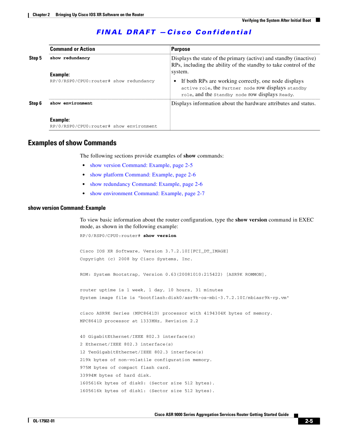 Cisco Systems ASR 9000, A9K24X10GETR, A9KMOD80TR manual Examples of show Commands, Show version Command Example 