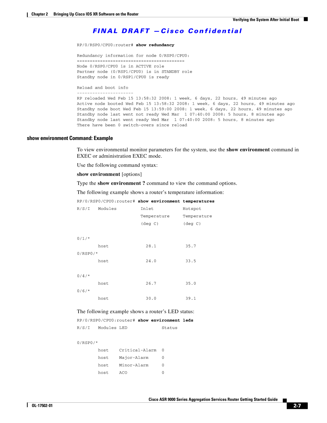 Cisco Systems A9KMOD80TR, ASR 9000, A9K24X10GETR manual Show environment Command Example, Show environment options 