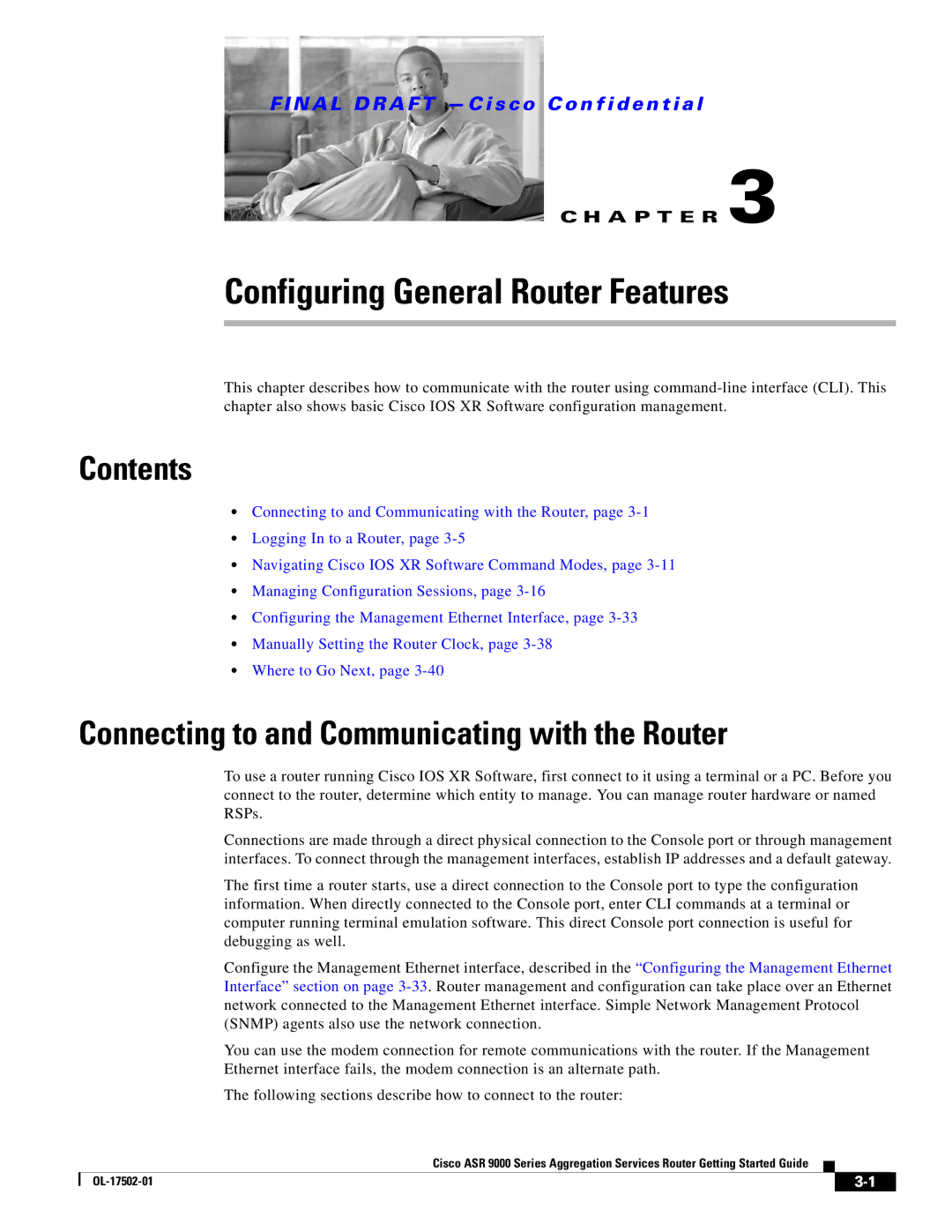 Cisco Systems A9K24X10GETR, ASR 9000 Configuring General Router Features, Connecting to and Communicating with the Router 