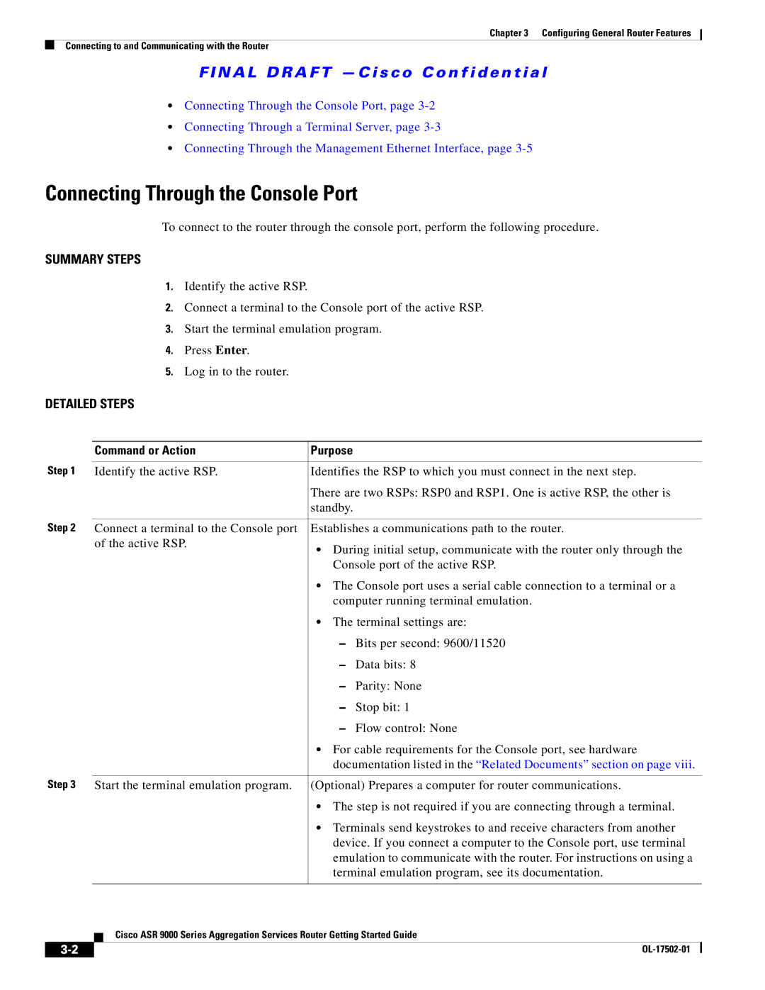 Cisco Systems A9KMOD80TR Connecting Through the Console Port, Documentation listed in the Related Documents section on 