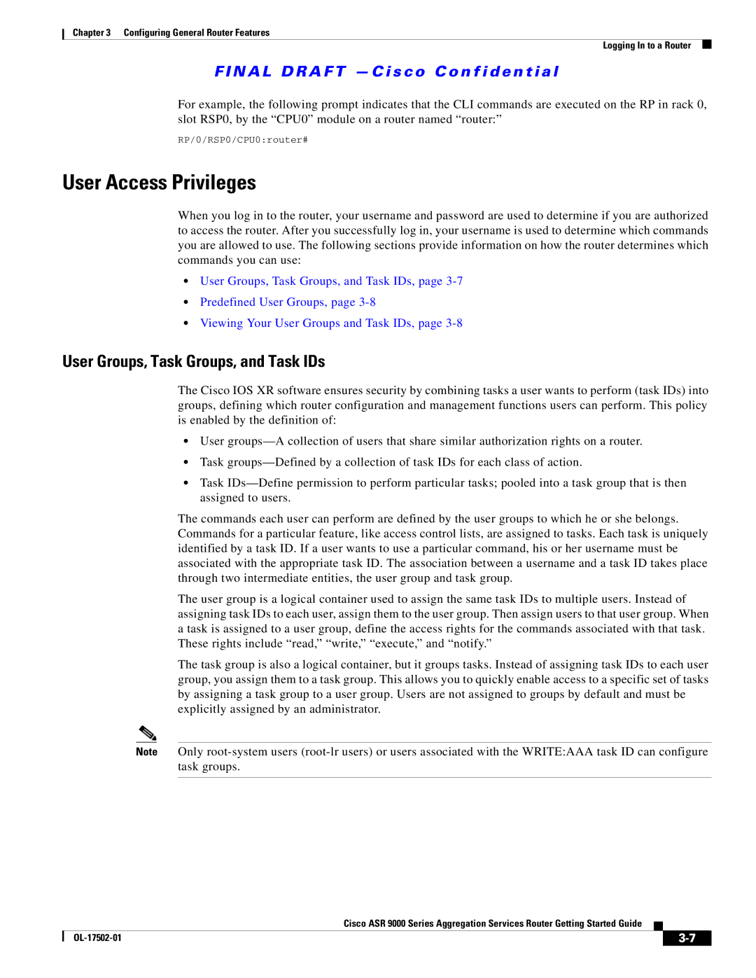 Cisco Systems A9K24X10GETR, ASR 9000, A9KMOD80TR manual User Access Privileges, User Groups, Task Groups, and Task IDs 